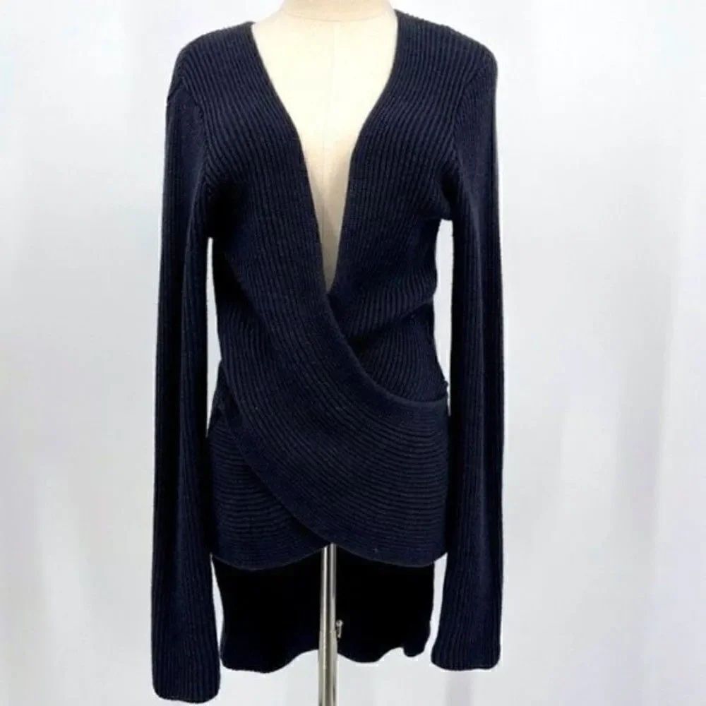 Nu construction Navy blue knit size sweater top small high low Faux wrap